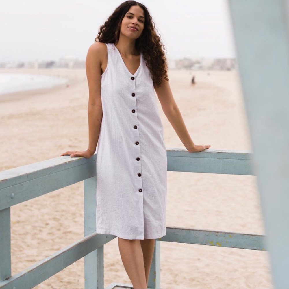 Sotela Sandia midi dress in Oat Stripe